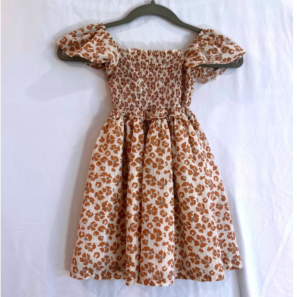 Rachel Zoe Girls Tan Leopard Print Smocked Flutter Sleeve Dress Size 6 Cottage